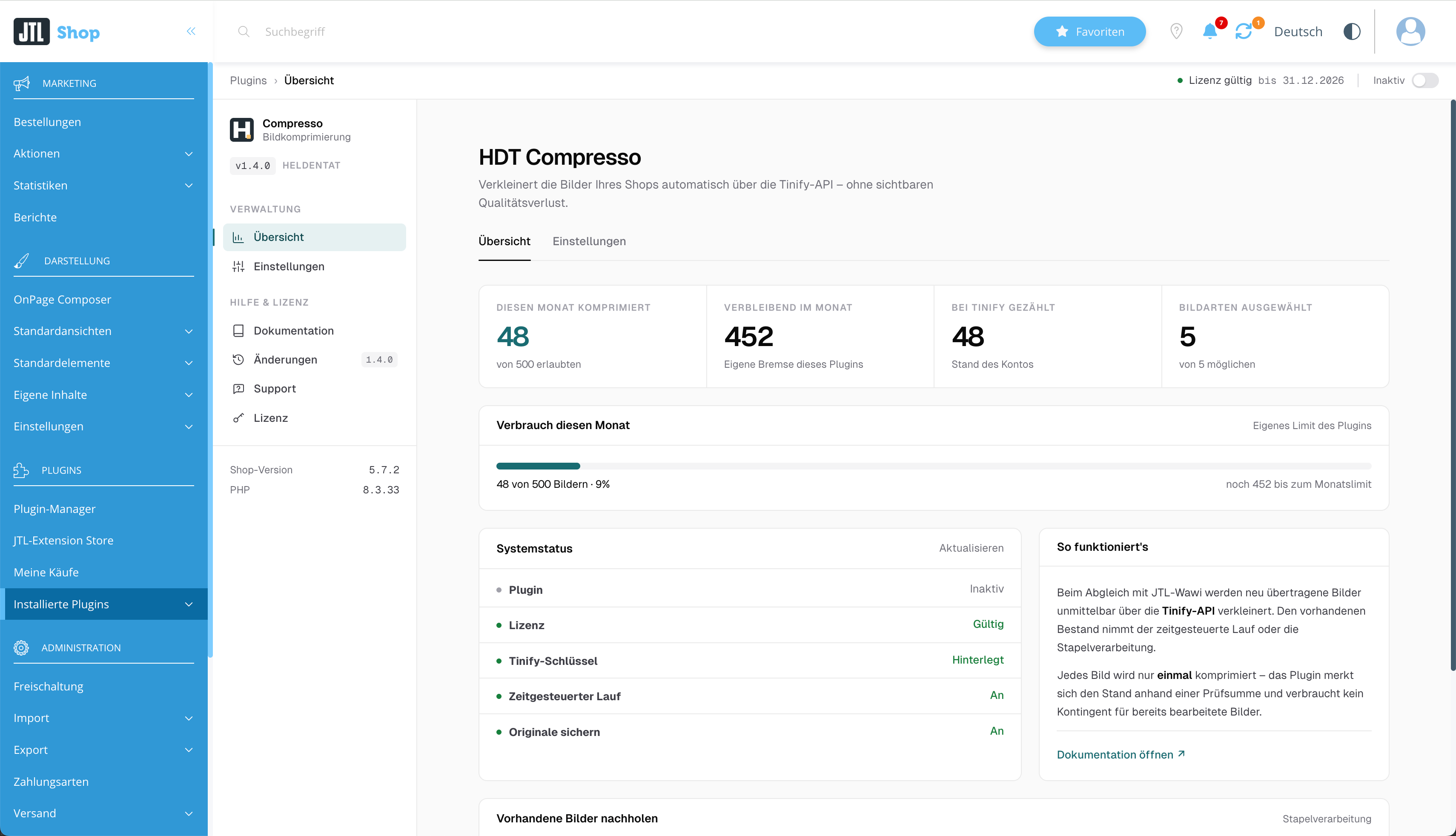 HDT Compresso – Dashboard im JTL-Shop-Backend mit der monatlichen Bildkomprimierungs-Nutzung (48 von 500)
