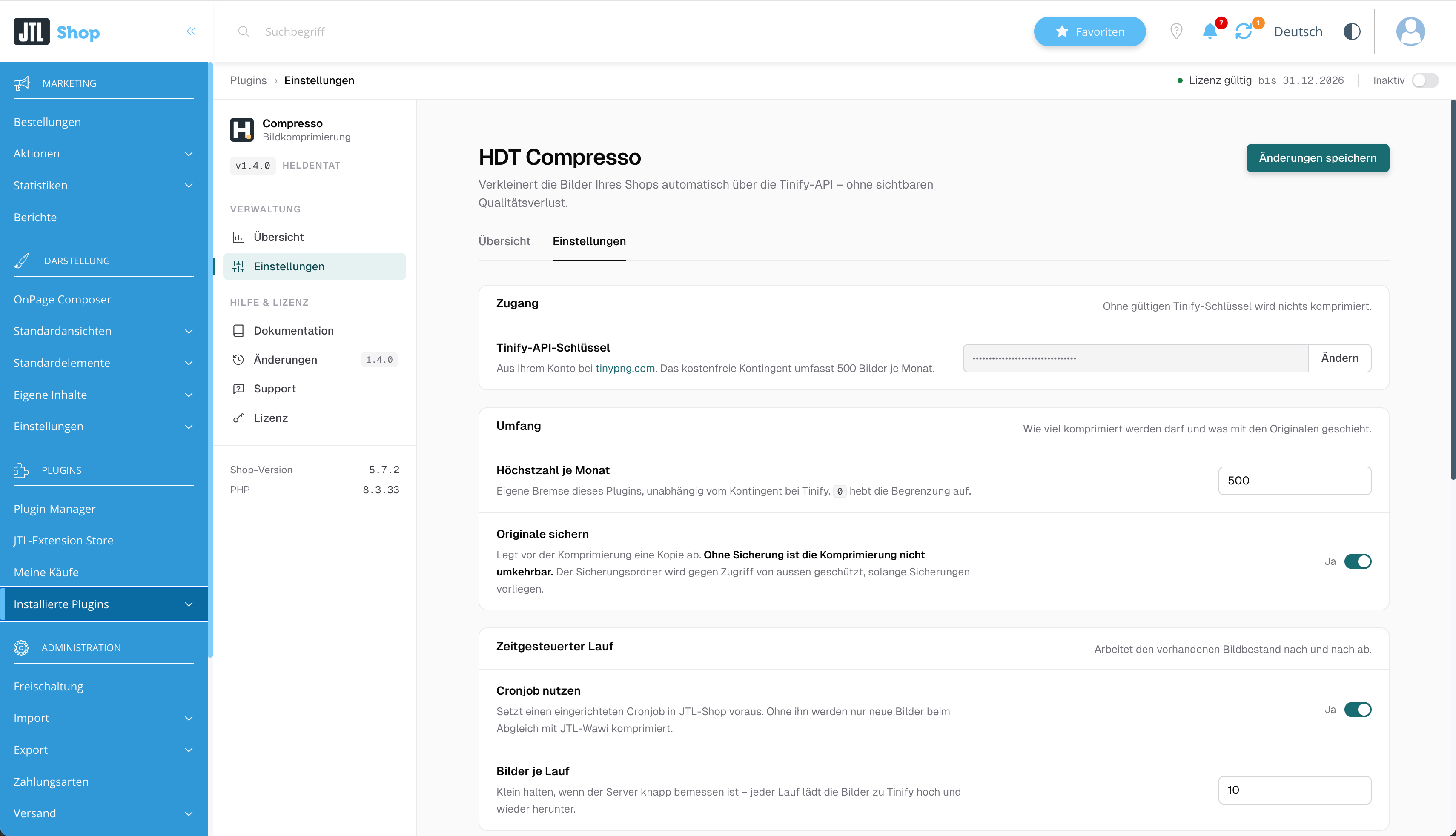 HDT Compresso – Einstellungen im JTL-Shop-Backend: Tinify-API-Schlüssel, Monatslimit, Sicherung der Originale, Cronjob und Bilder je Lauf