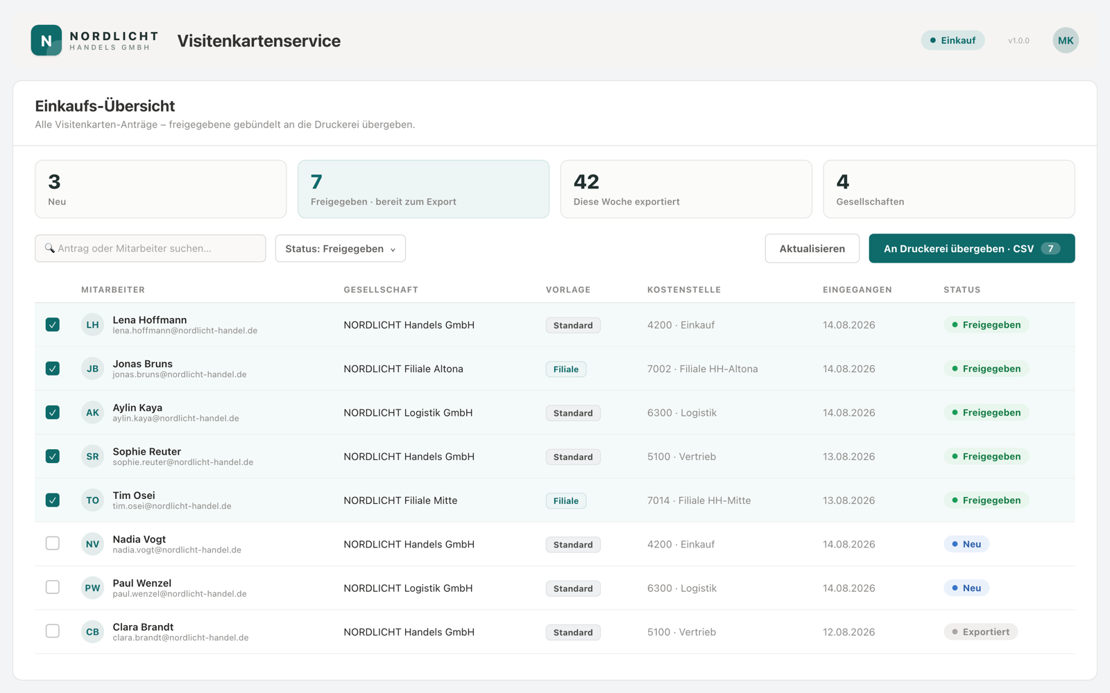 Einkaufs-Übersicht mit allen Anträgen, Status je Antrag und Button zur gebündelten CSV-Übergabe an die Druckerei